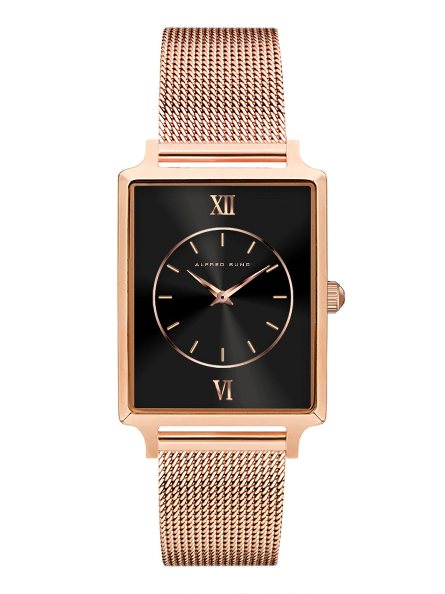 Alfred Sung Horizon Sunray Black Dial Rosegold Bracelet Ladies watch