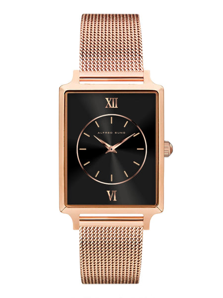 Alfred Sung Horizon Sunray Black Dial Rosegold Bracelet Ladies watch