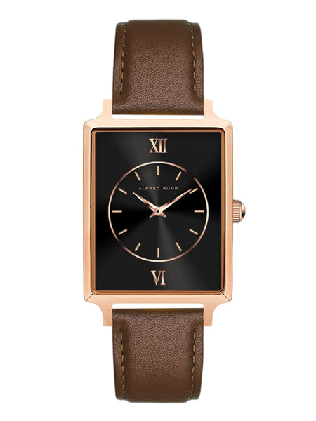 Alfred Sung Horizon Sunray Black Dial Brown Leather Strap Ladies watch