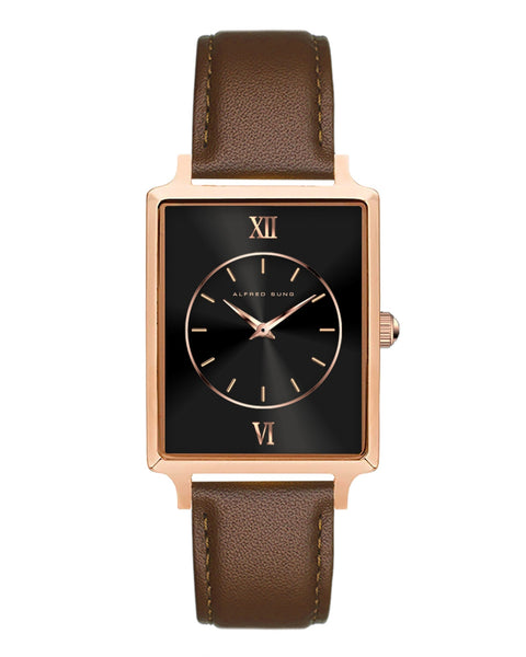 Alfred Sung Horizon Sunray Black Dial Brown Leather Strap Ladies watch