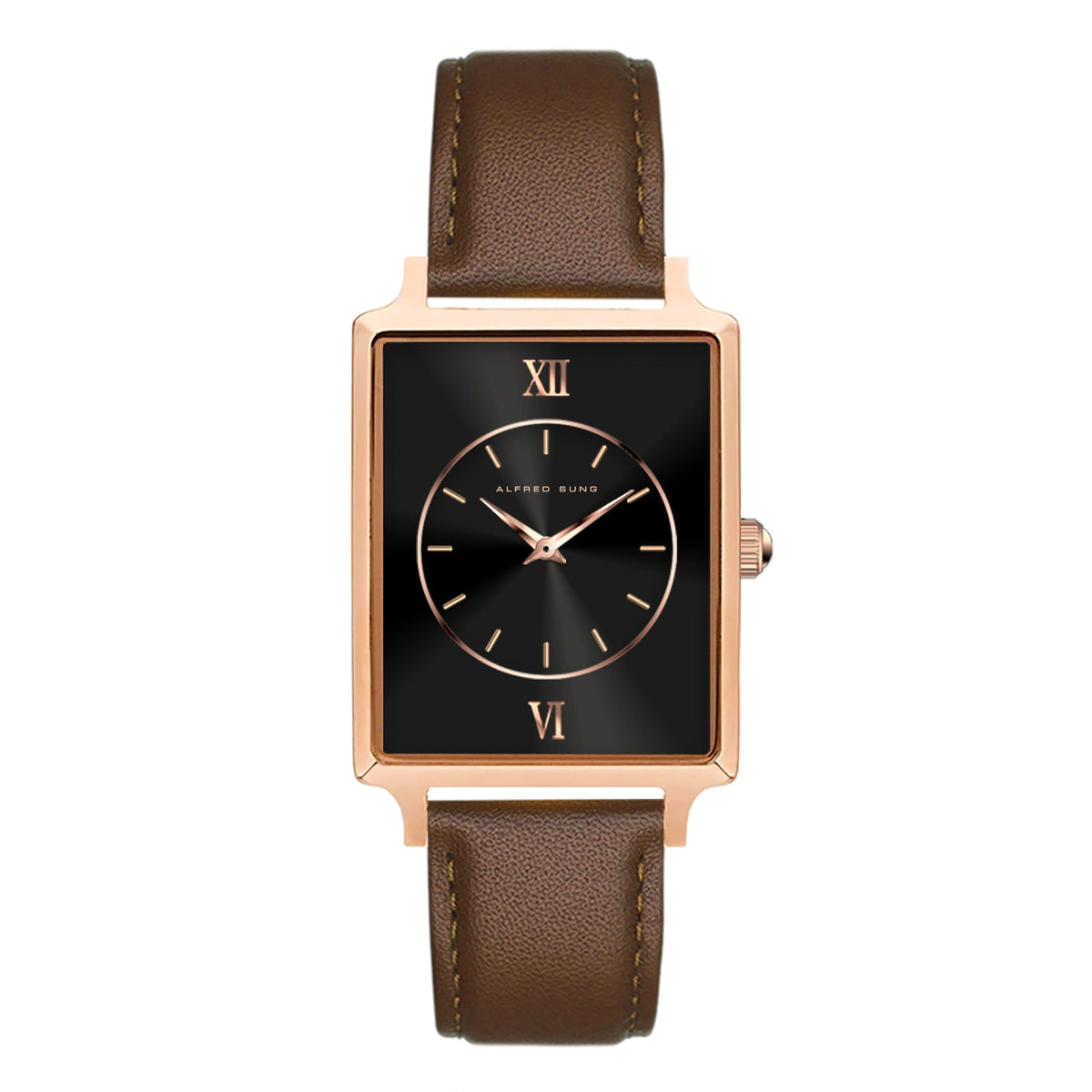 Alfred Sung Horizon Sunray Black Dial Brown Leather Strap Ladies watch — Horizon Sunray Black Dial Brown…