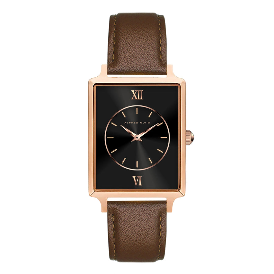 Alfred Sung Horizon Sunray Black Dial Brown Leather Strap Ladies watch — Horizon Sunray Black Dial Brown…