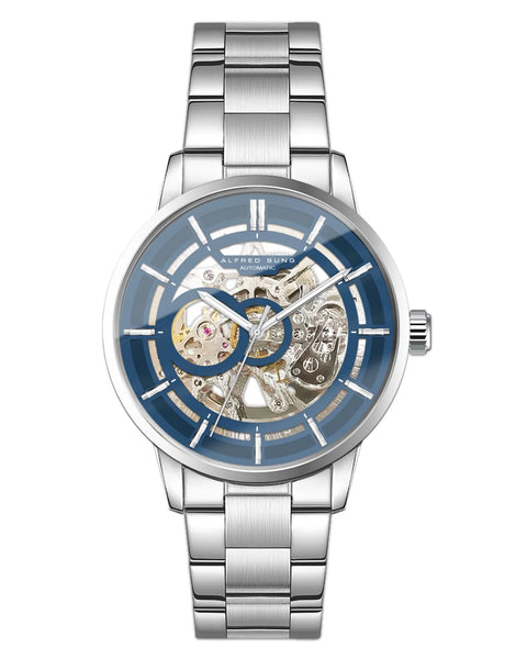 Alfred Sung Automatic III Blue Skeleton Dial Silver Bracelet Men's watch