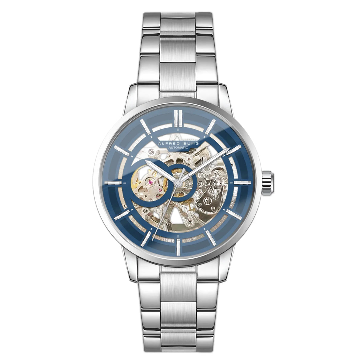 Alfred Sung Automatic III Blue Skeleton Dial Silver Bracelet Men's watch — Automatic III Blue Skeleton Dial…