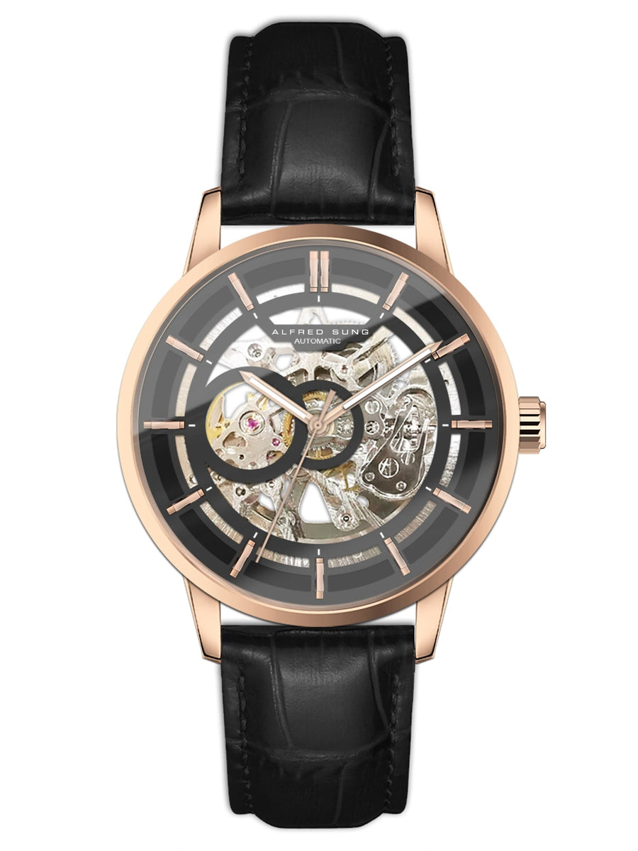 Alfred Sung Automatic III Black Skeleton Dial Black Leather Strap Men's watch