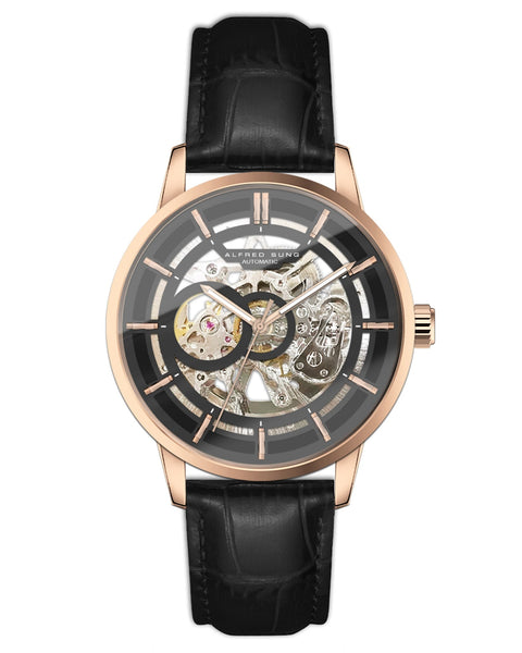 Alfred Sung Automatic III Black Skeleton Dial Black Leather Strap Men's watch