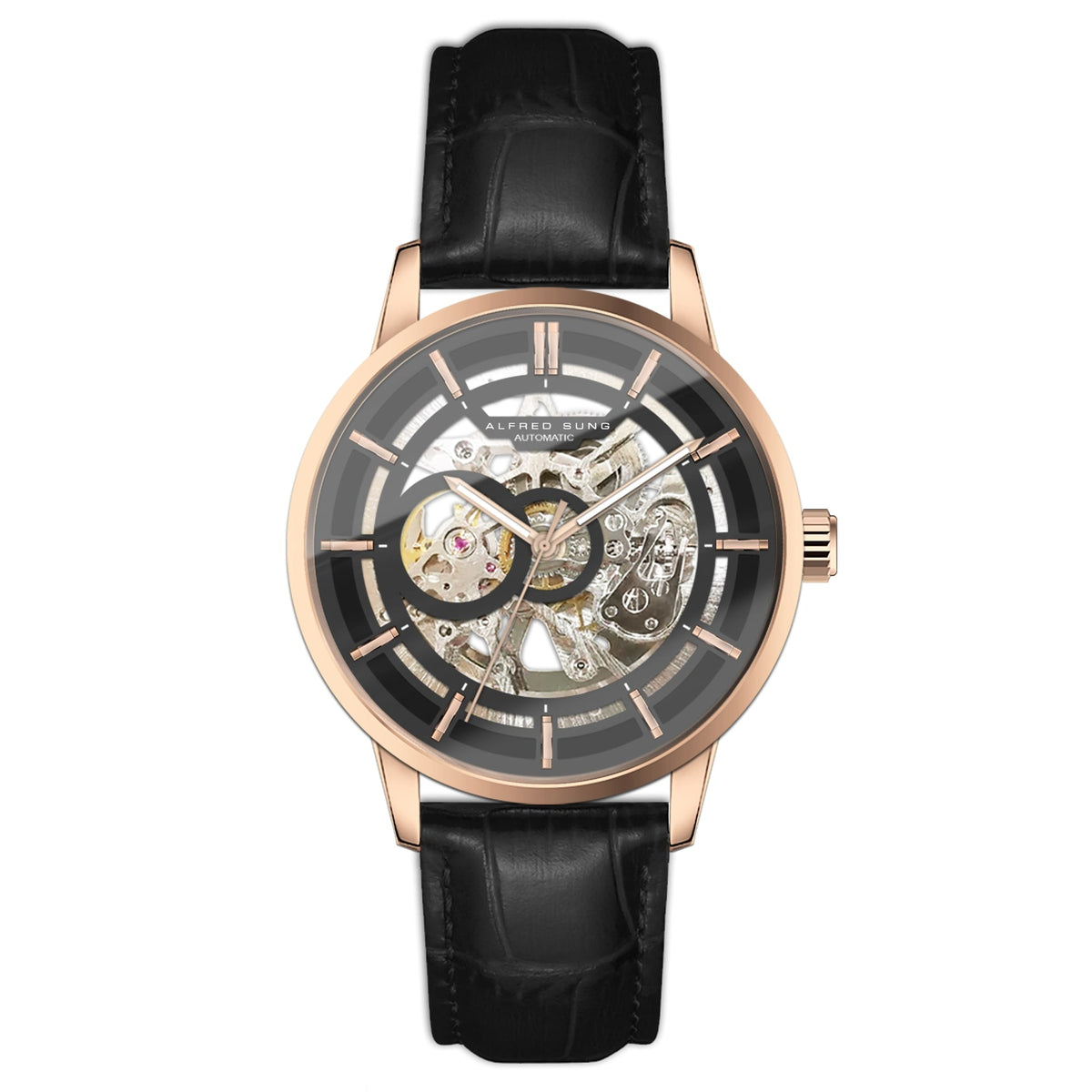Alfred Sung Automatic III Black Skeleton Dial Black Leather Strap Men's watch — Automatic III Black Skeleton…