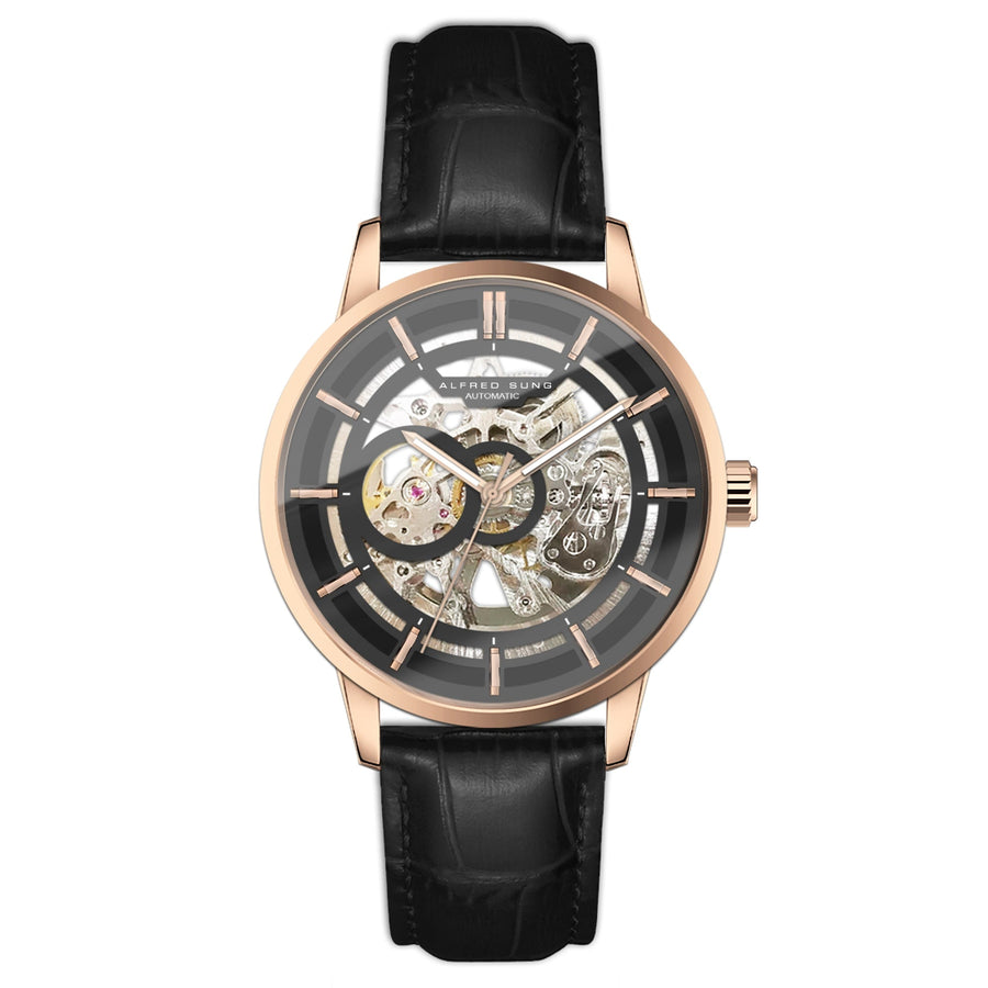 Alfred Sung Automatic III Black Skeleton Dial Black Leather Strap Men's watch — Automatic III Black Skeleton…