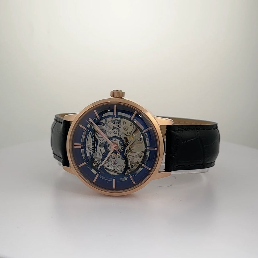 Alfred Sung Automatic III Black Skeleton Dial Black Leather Strap Men's watch