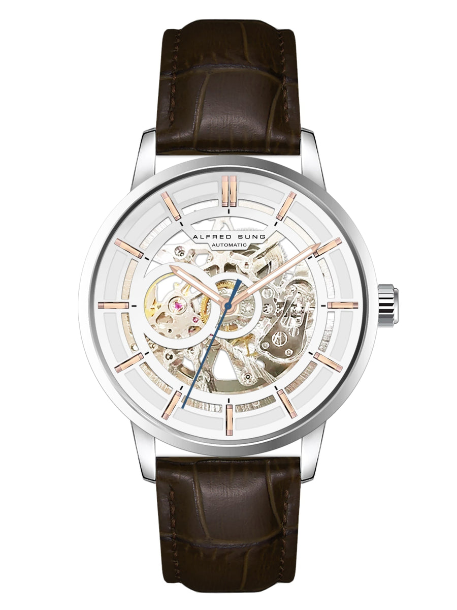 Alfred Sung Automatic III White Skeleton Dial Brown Leather Strap Men's watch