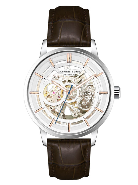 Alfred Sung Automatic III White Skeleton Dial Brown Leather Strap Men's watch