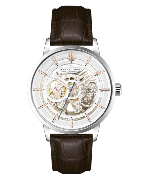 Alfred Sung Automatic III White Skeleton Dial Brown Leather Strap Men's watch