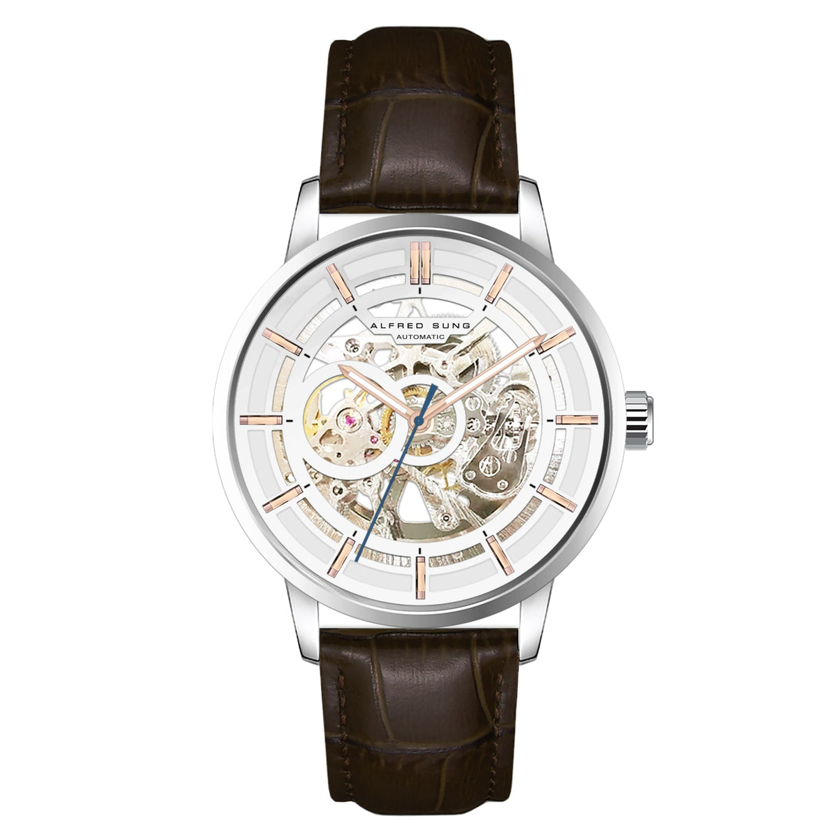 Alfred Sung Automatic III White Skeleton Dial Brown Leather Strap Men's watch — Automatic III White Skeleton…