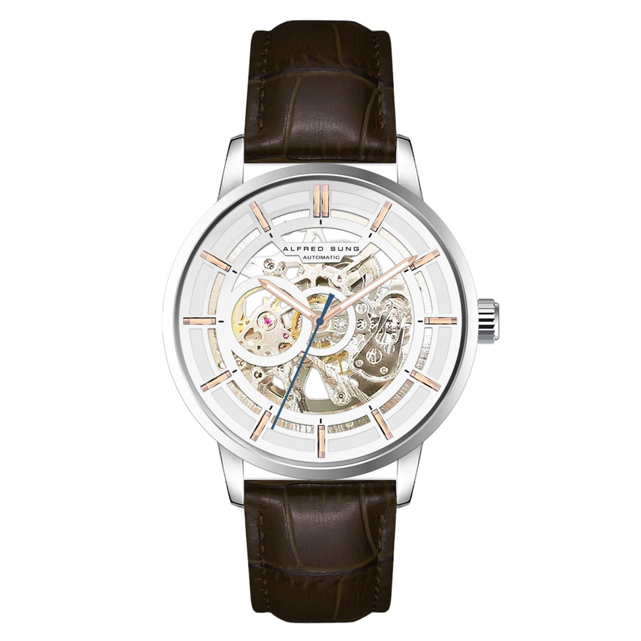 Alfred Sung Automatic III White Skeleton Dial Brown Leather Strap Men's watch — Automatic III White Skeleton…