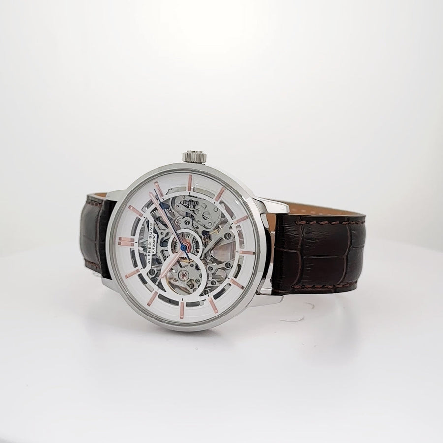 Alfred Sung Automatic III White Skeleton Dial Brown Leather Strap Men's watch