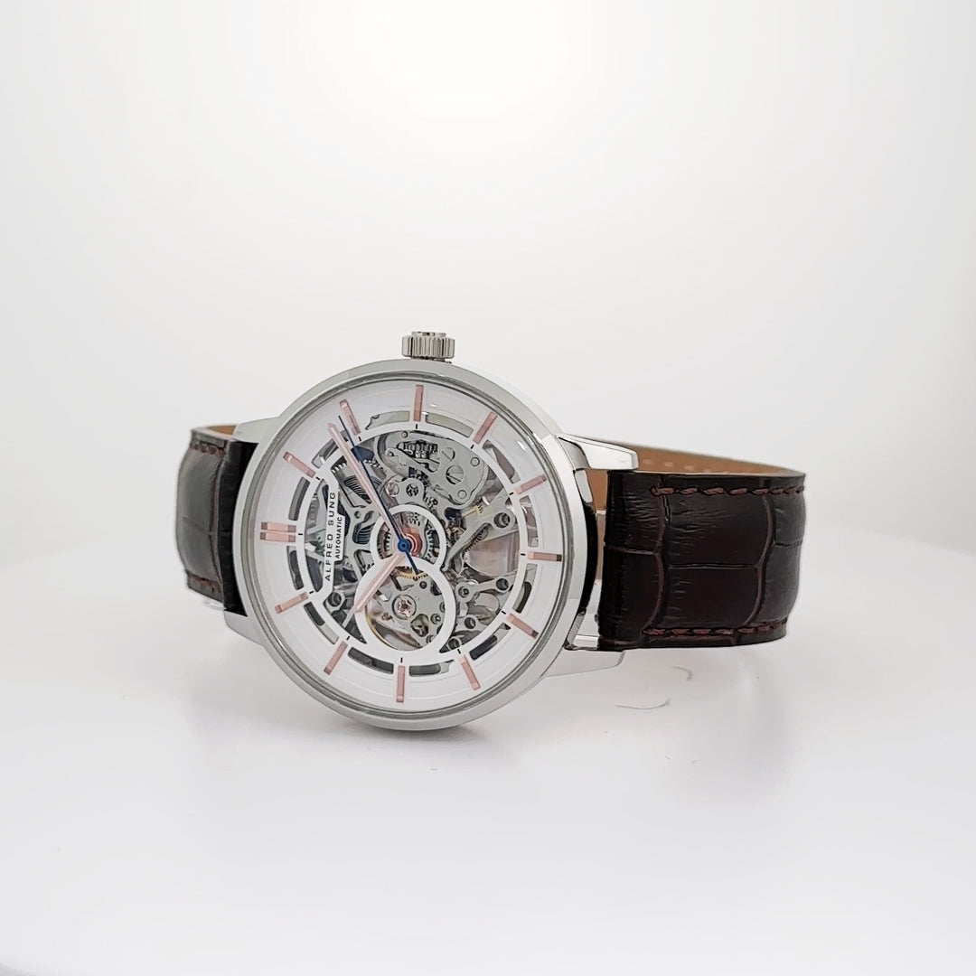 Alfred Sung Automatic III White Skeleton Dial Brown Leather Strap Men's watch — Automatic III White Skeleton…, alternate…