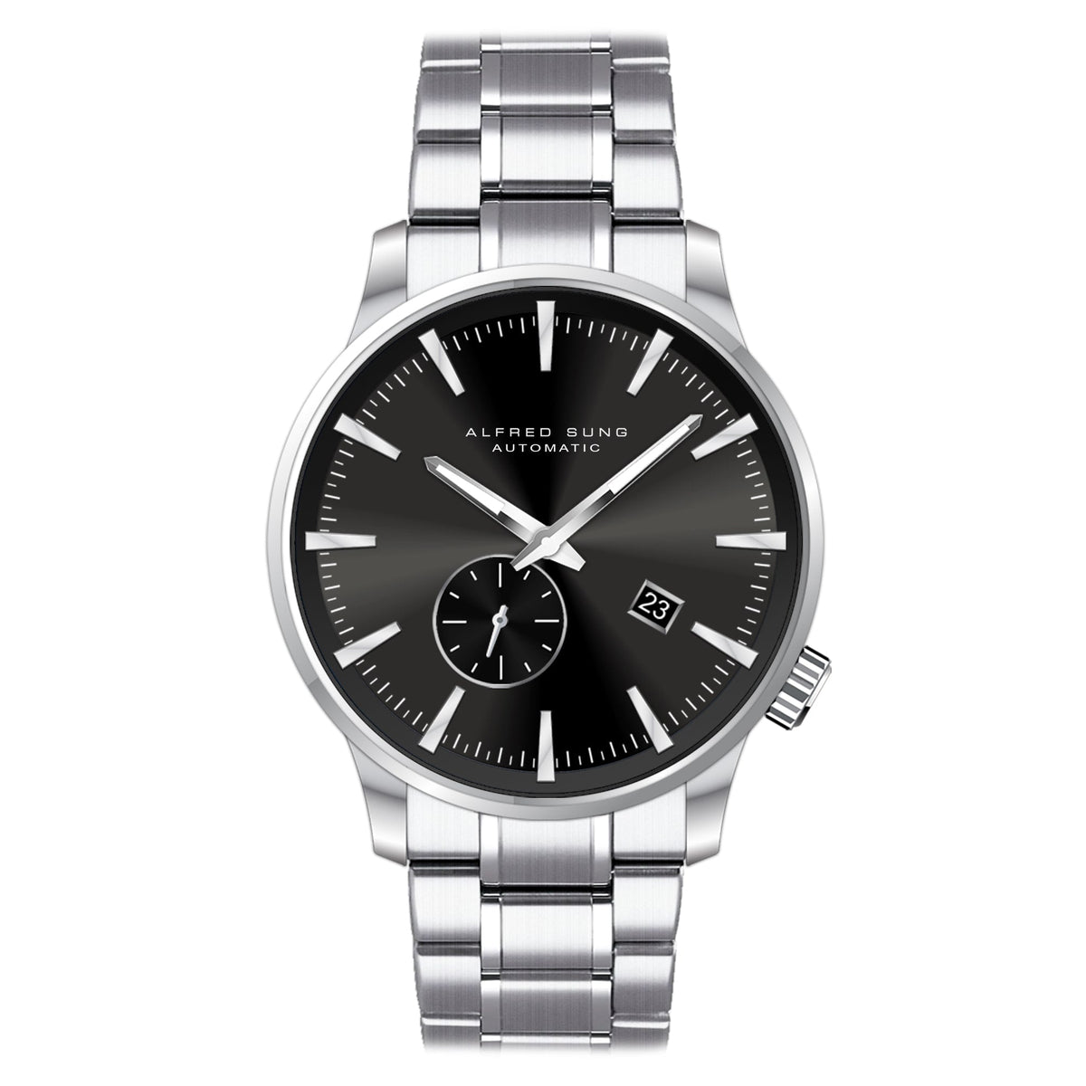 Alfred Sung Automatic II Black Sunray Dial Silver Bracelet Men's watch — Automatic II Black Sunray Dial Silver…