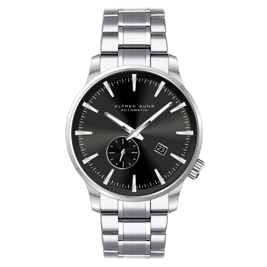 Alfred Sung Automatic II Black Sunray Dial Silver Bracelet Men's watch — Automatic II Black Sunray Dial Silver…