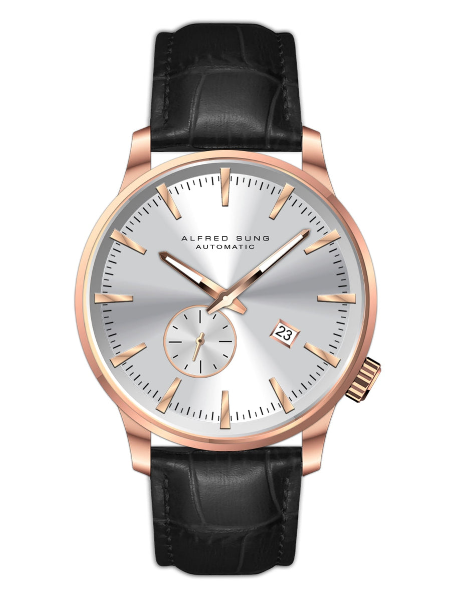 Alfred Sung Automatic II Silver Sunray Dial Black Leather Strap Men's watch