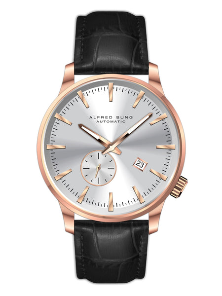 Alfred Sung Automatic II Silver Sunray Dial Black Leather Strap Men's watch