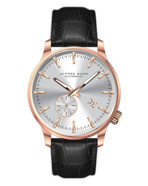 Alfred Sung Automatic II Silver Sunray Dial Black Leather Strap Men's watch