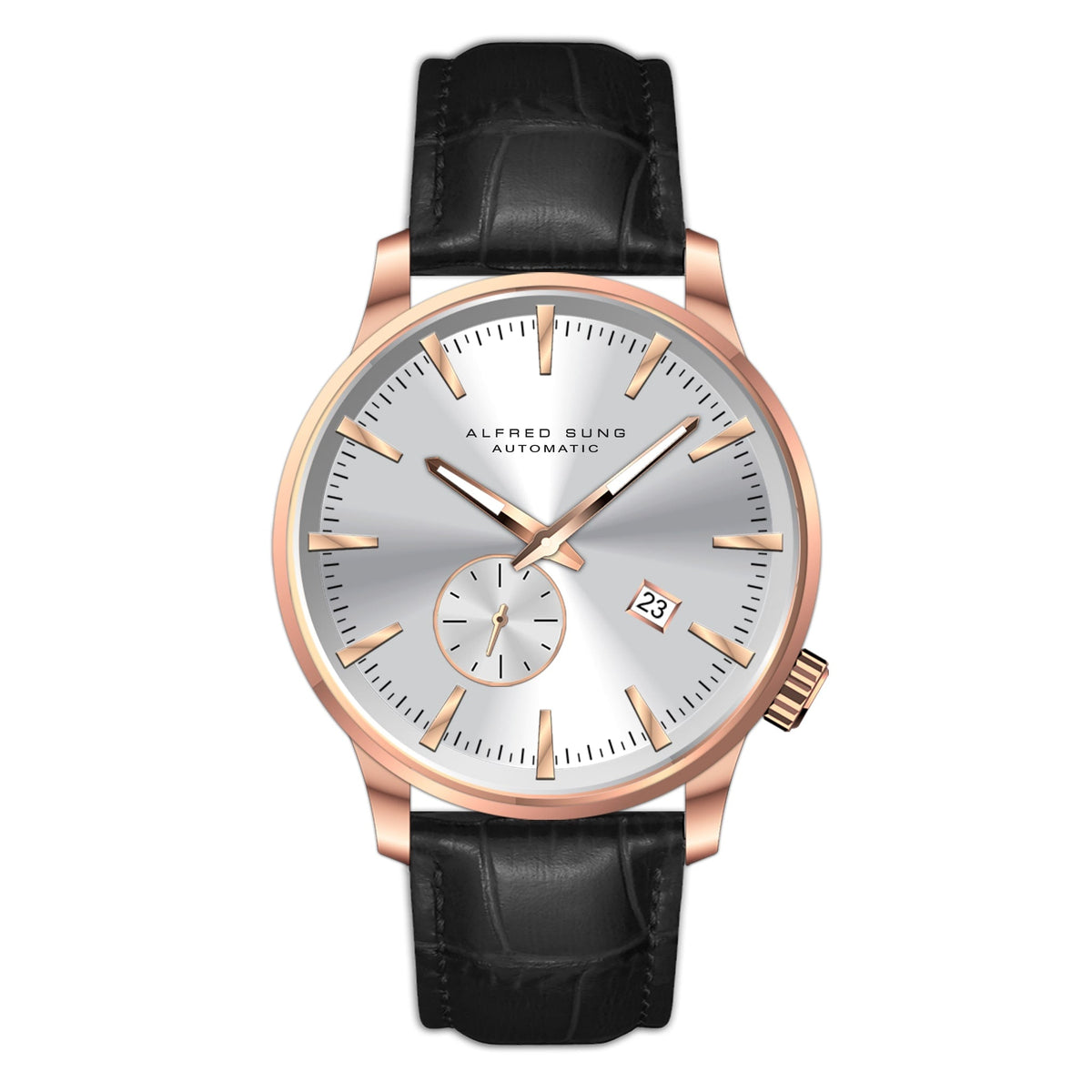 Alfred Sung Automatic II Silver Sunray Dial Black Leather Strap Men's watch — Automatic II Silver Sunray Dial…