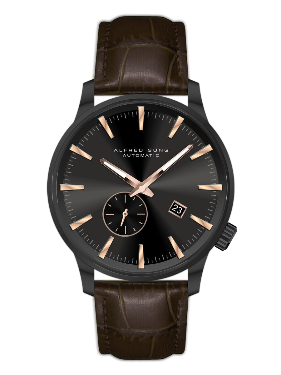 Alfred Sung Automatic II Black Sunray Dial Brown Leather Strap Men's watch