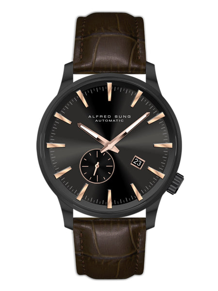 Alfred Sung Automatic II Black Sunray Dial Brown Leather Strap Men's watch
