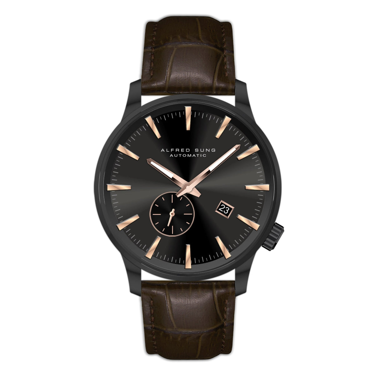 Alfred Sung Automatic II Black Sunray Dial Brown Leather Strap Men's watch — Automatic II Black Sunray Dial…