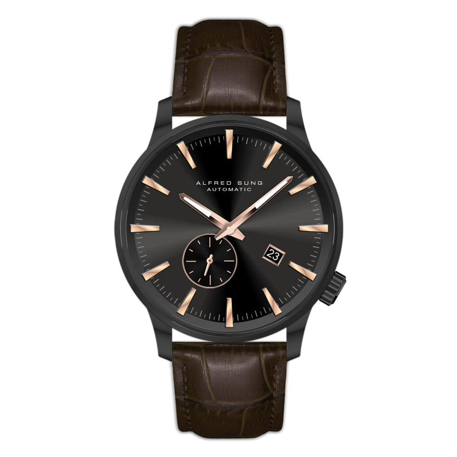 Alfred Sung Automatic II Black Sunray Dial Brown Leather Strap Men's watch — Automatic II Black Sunray Dial…