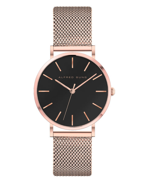 Alfred Sung Muse Black Dial Rosegold Bracelet Ladies watch