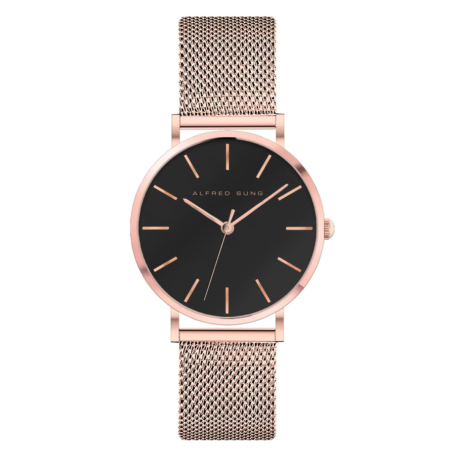 Alfred Sung Muse Black Dial Rosegold Bracelet Ladies watch — Muse Black Dial Rosegold Bracelet Ladies watch