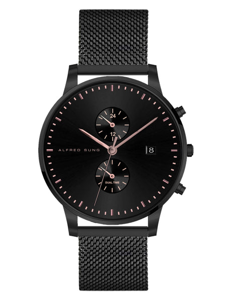 Alfred Sung Dual Time with Date Black Dial Black Mesh Stainless Steel watch