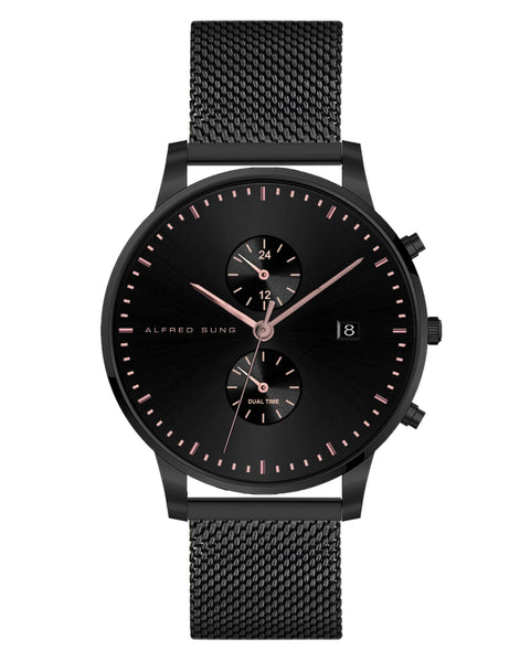 Alfred Sung Dual Time with Date Black Dial Black Mesh Stainless Steel watch