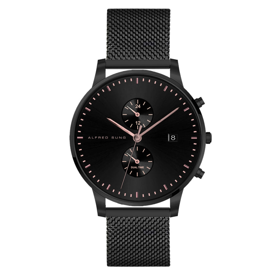 Alfred Sung Dual Time with Date Black Dial Black Mesh Stainless Steel watch — Dual Time with Date Black Dial…
