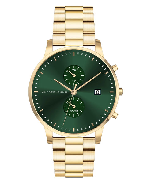 Alfred Sung Dual Time with Date Green Dial Gold Bracelet watch