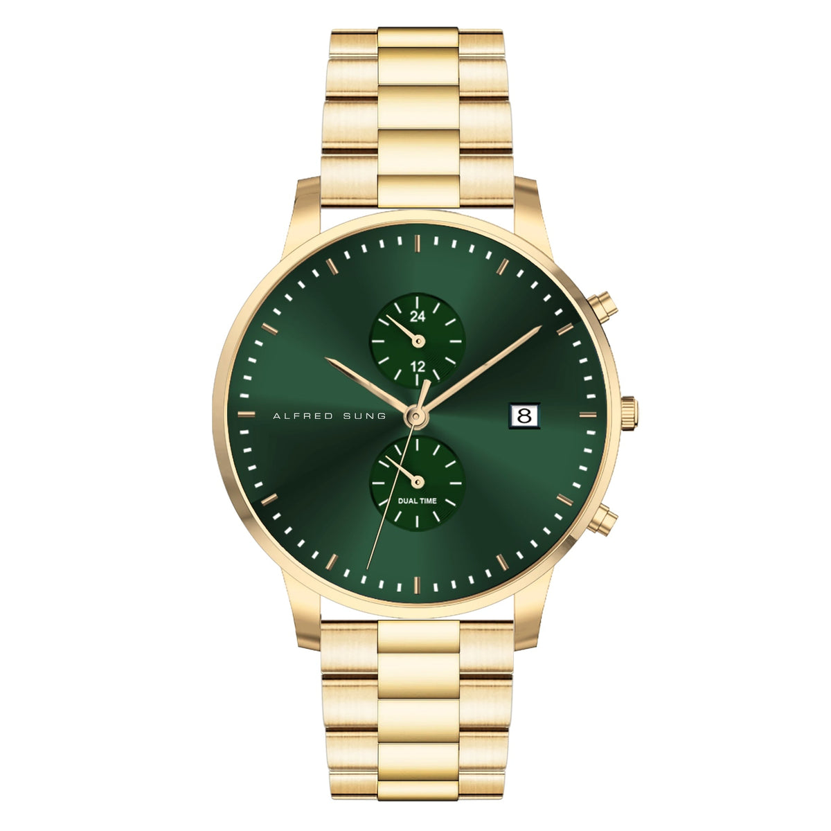 Alfred Sung Dual Time with Date Green Dial Gold Bracelet watch — Dual Time with Date Green Dial Gold Bracelet…