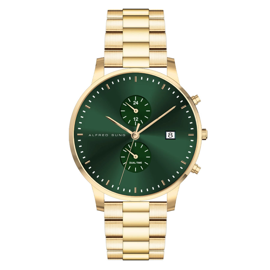 Alfred Sung Dual Time with Date Green Dial Gold Bracelet watch — Dual Time with Date Green Dial Gold Bracelet…