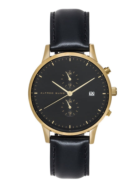 Alfred Sung Dual Time with Date Black Dial Black Leather Strap watch