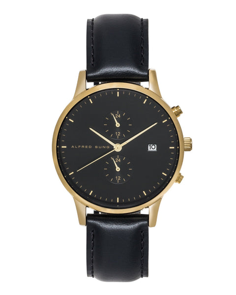 Alfred Sung Dual Time with Date Black Dial Black Leather Strap watch