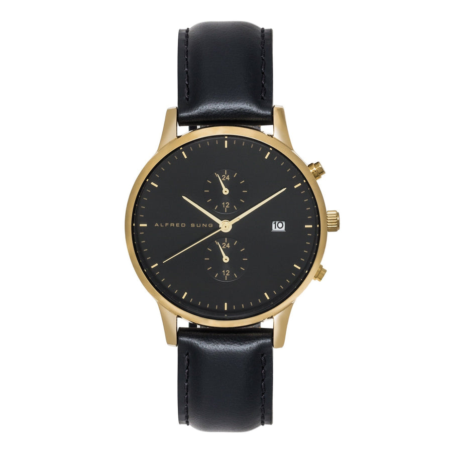 Alfred Sung Dual Time with Date Black Dial Black Leather Strap watch — Dual Time with Date Black Dial Black…