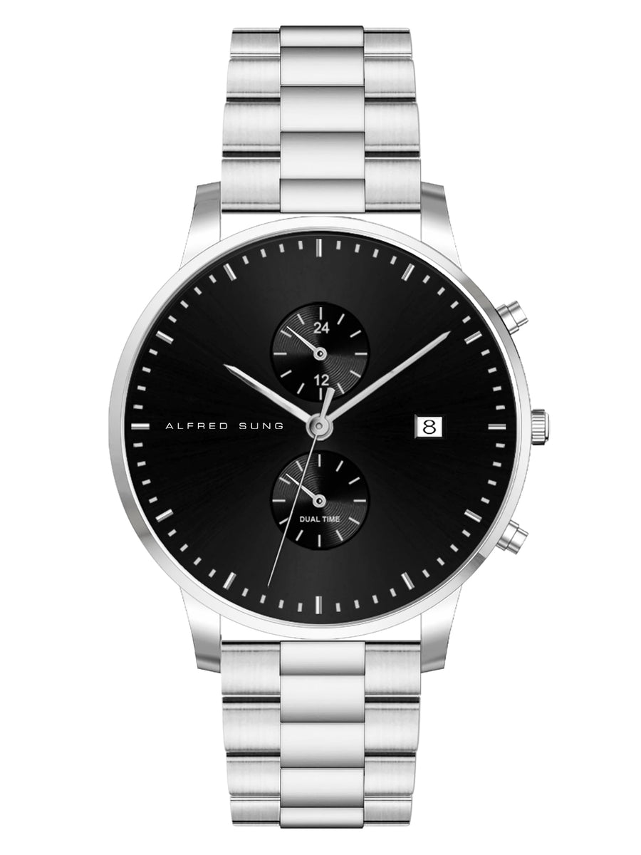 Alfred Sung Dual Time with Date Black Dial Silver Bracelet watch