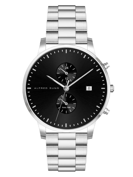Alfred Sung Dual Time with Date Black Dial Silver Bracelet watch