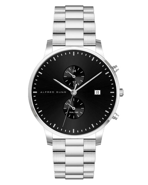 Alfred Sung Dual Time with Date Black Dial Silver Bracelet watch
