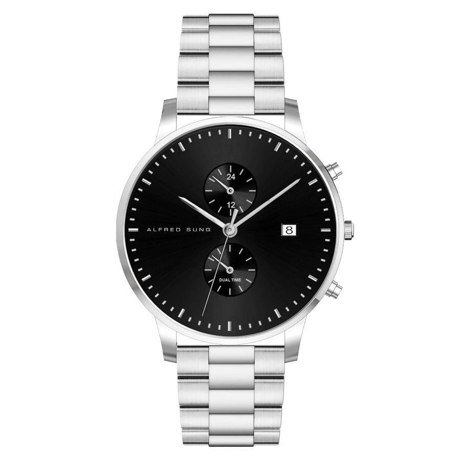 Alfred Sung Dual Time with Date Black Dial Silver Bracelet watch — Dual Time with Date Black Dial Silver…