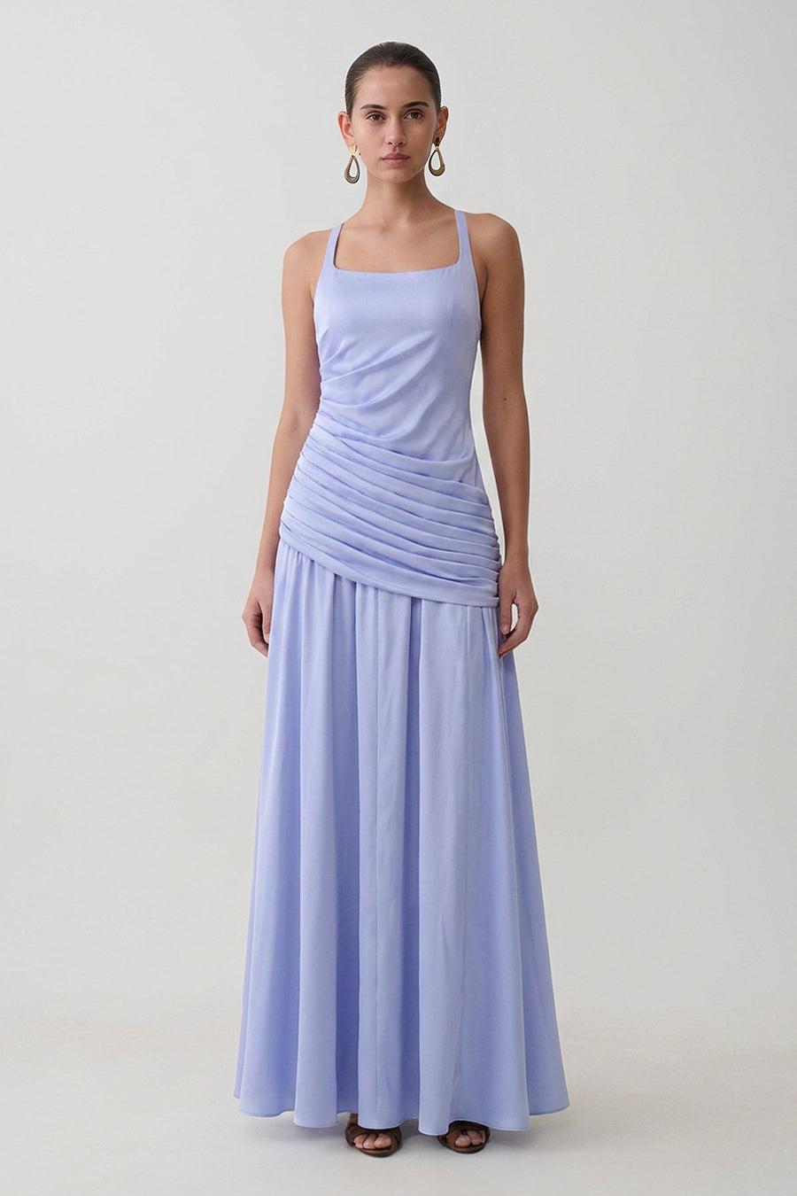 Back Cross Adjustable Straps Draped Chiffon Dress