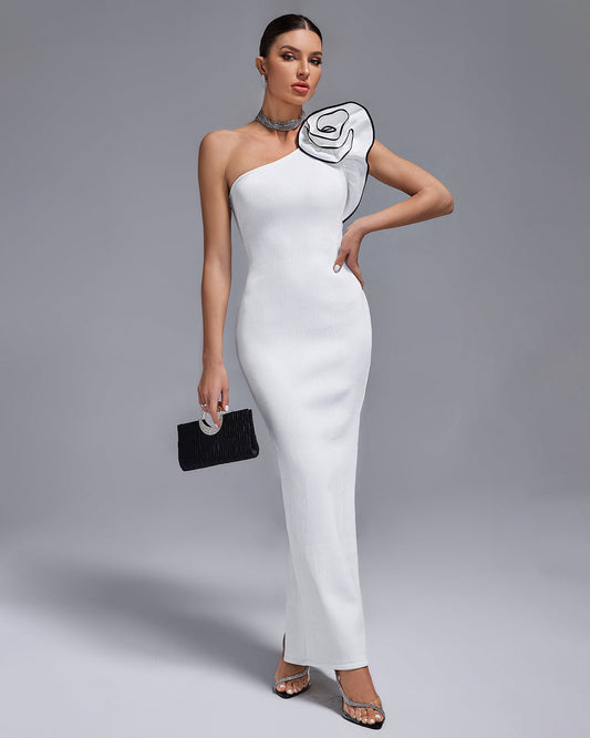 One Shoulder Flower Decor Maxi Bodycon Dress - Opulent Empire