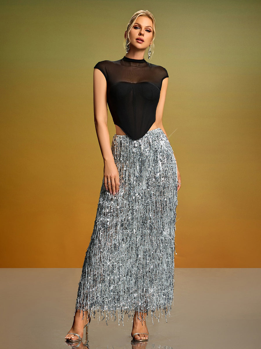 Mesh Corset & Sequin Fringe Skirt Set