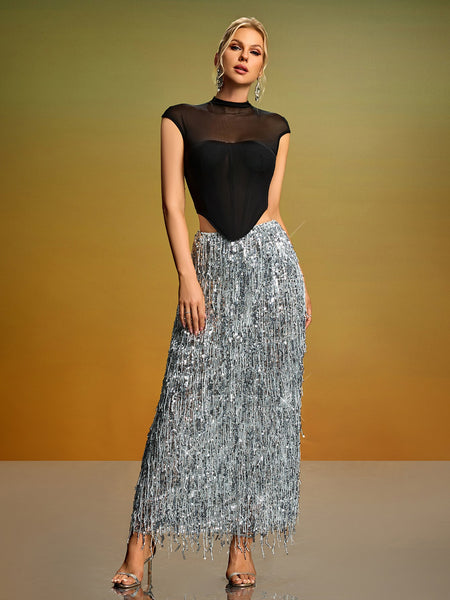 Mesh Corset & Sequin Fringe Skirt Set