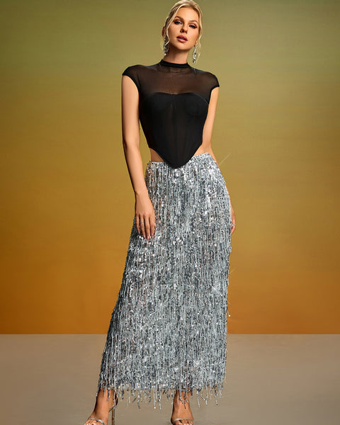 Mesh Corset & Sequin Fringe Skirt Set